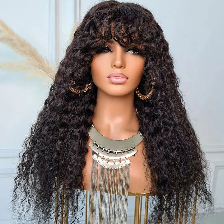 Curly Wave Wig With Bangs Natural Color Human Hair Glueless Wigs Low-Maintenance Wear Go