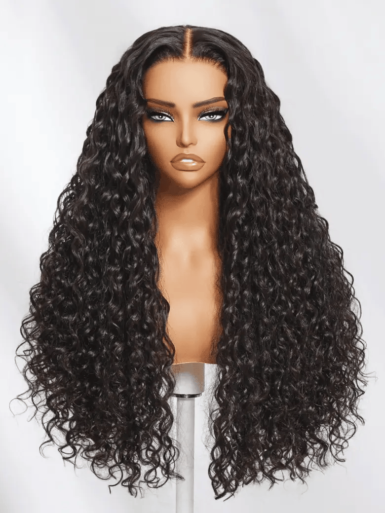 7x5 Glueless Wig Pre Cut 180% Density Wet And Wavy Water Wave Natural Black Invisible Knots Lace Frontal Wig Put On and Go