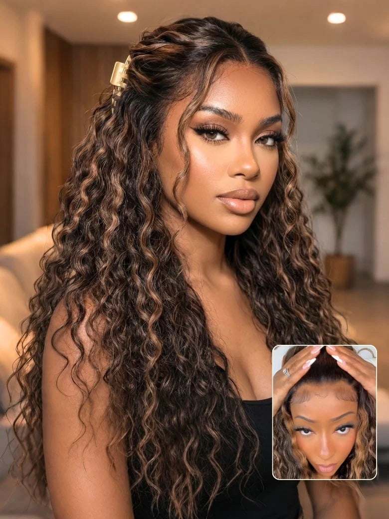 7x5 Pre Cut Glueless Golden Brown Highlights Water Wave Bye Bye Knots Lace Closure Wig 150% Density