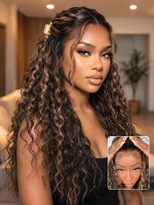 7x5 Pre Cut Glueless Golden Brown Highlights Water Wave Bye Bye Knots Lace Closure Wig 150% Density