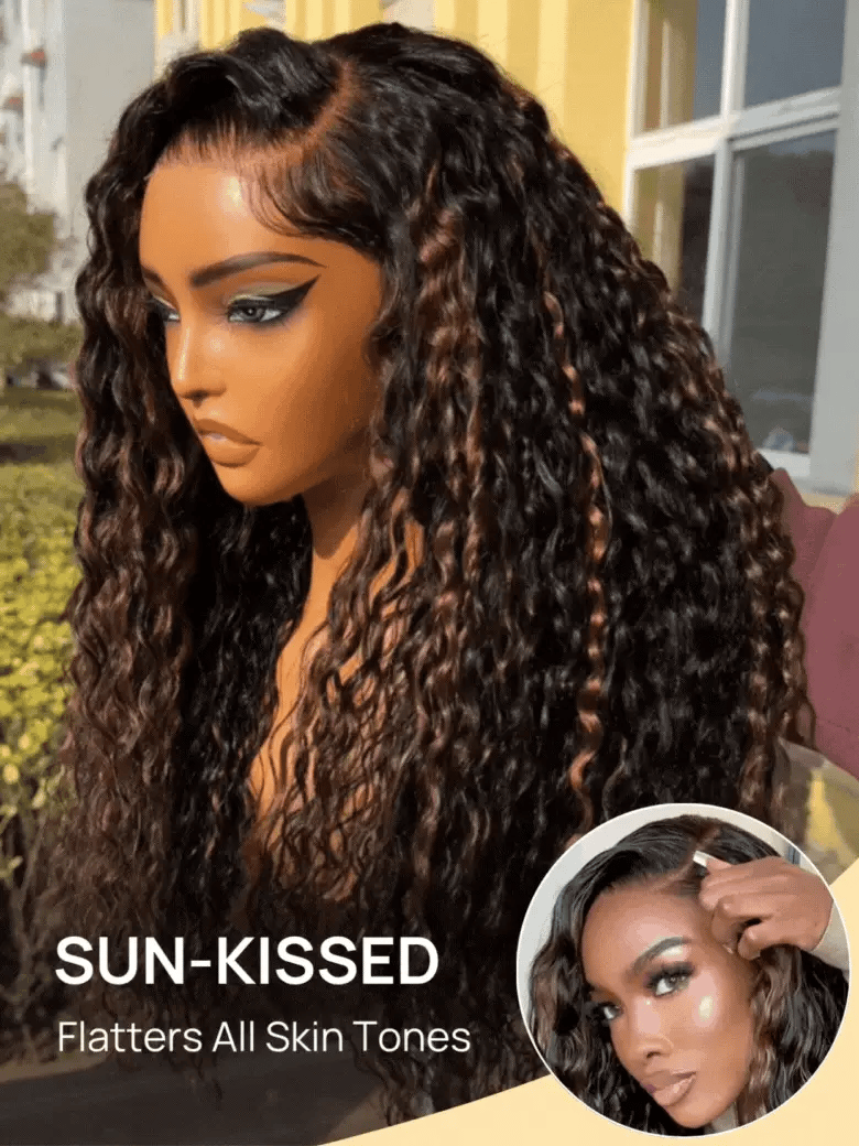 7x5 Pre Cut Glueless Golden Brown Highlights Water Wave Bye Bye Knots Lace Closure Wig 150% Density