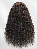7x5 Pre Cut Glueless Golden Brown Highlights Water Wave Bye Bye Knots Lace Closure Wig 150% Density