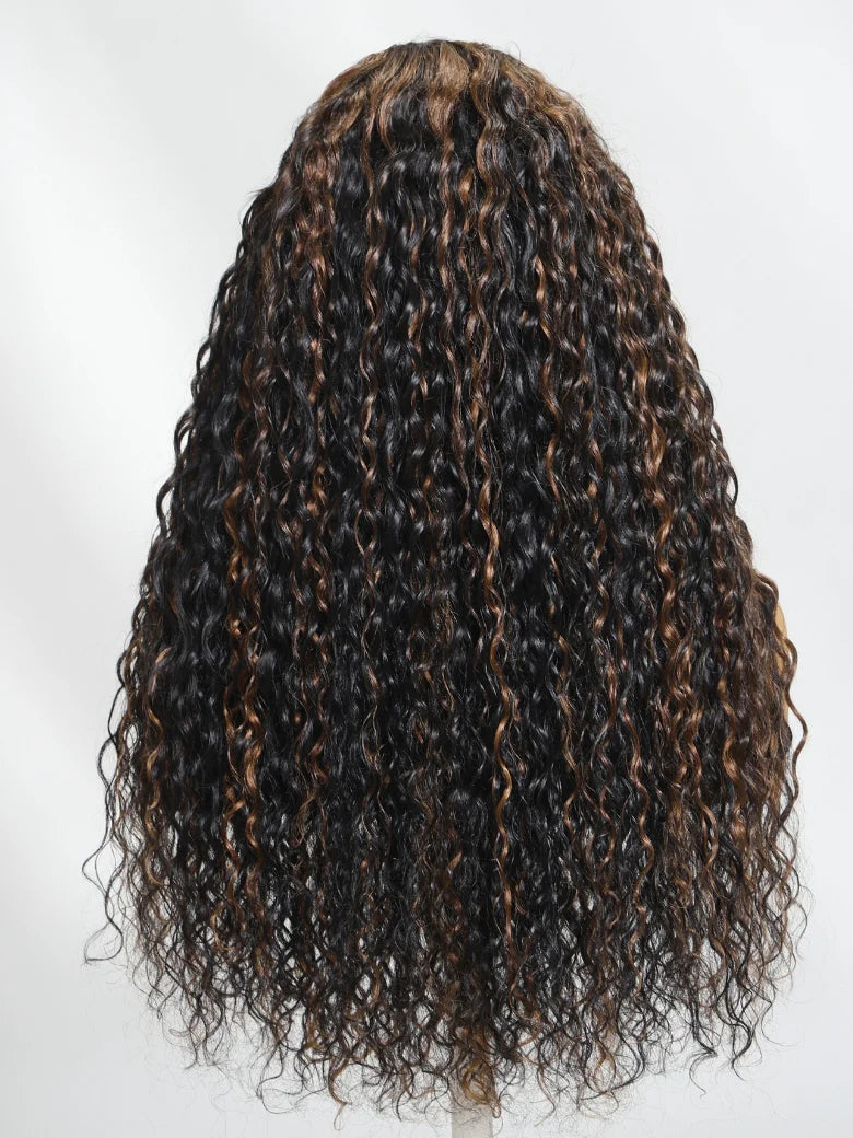 7x5 Pre Cut Glueless Golden Brown Highlights Water Wave Bye Bye Knots Lace Closure Wig 150% Density