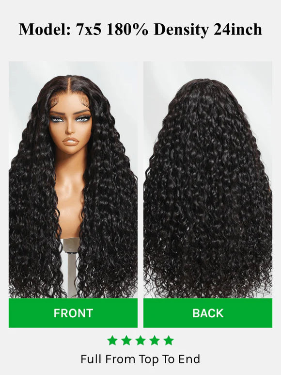 7x5 Glueless Wig Pre Cut 180% Density Wet And Wavy Water Wave Natural Black Invisible Knots Lace Frontal Wig Put On and Go