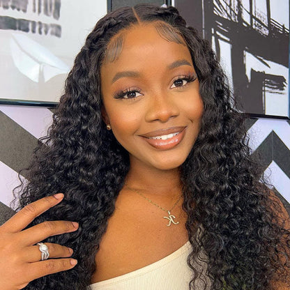 Glueless Curly Pre Plucked Pre Cut Deep Wave Wig for Women 200 Density Drawstring 13X6 Hd Lace Closure Middle Part Wear and Go Wigs Natural Black Color