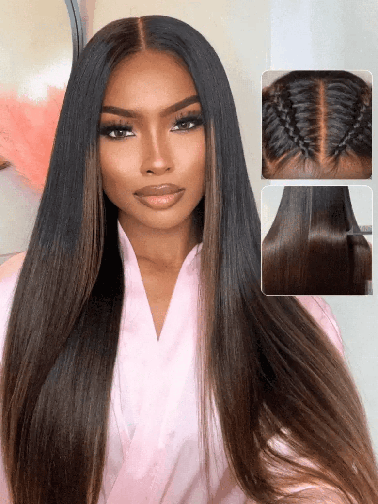 Pre Everything 7x5 Glueless Lace Chestnut Brown Ombre Yaki Straight Put On and Go Wig With Bleached Knots 150% Density