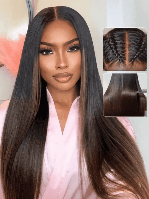 Pre Everything 7x5 Glueless Lace Chestnut Brown Ombre Yaki Straight Put On and Go Wig With Bleached Knots 150% Density