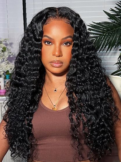 Glueless Curly Pre Plucked Pre Cut Deep Wave Wig for Women 200 Density Drawstring 13X6 Hd Lace Closure Middle Part Wear and Go Wigs Natural Black Color