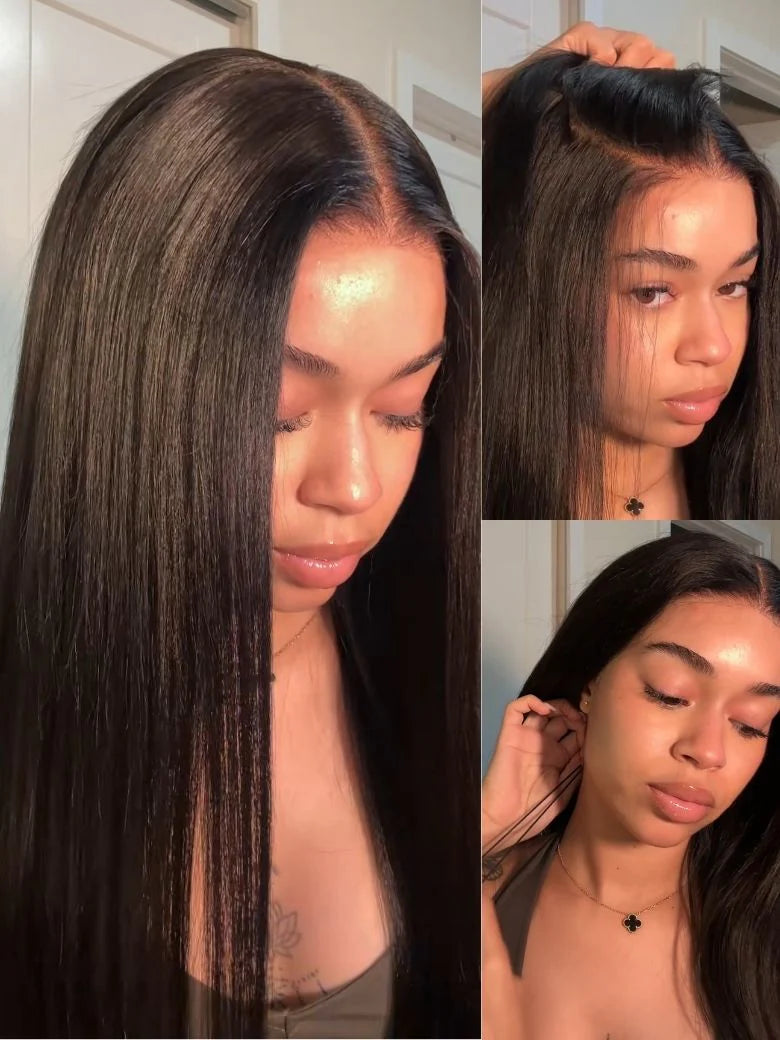 Yaki Straight 13x4/6x5 Glueless Lace Wig Pre-cut Lace Put On and Go Natural Black Beginner Friendly 150% Density