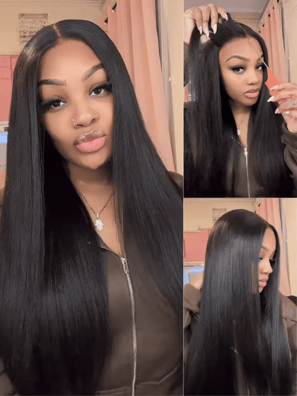 Yaki Straight 13x4/6x5 Glueless Lace Wig Pre-cut Lace Put On and Go Natural Black Beginner Friendly 150% Density