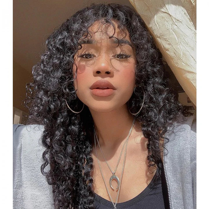 Curly Wave Wig With Bangs Natural Color Human Hair Glueless Wigs Low-Maintenance Wear Go